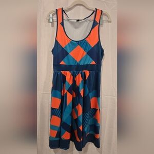 Girls Navy, Teal & Orange Geo Print Sleeveless Dress
